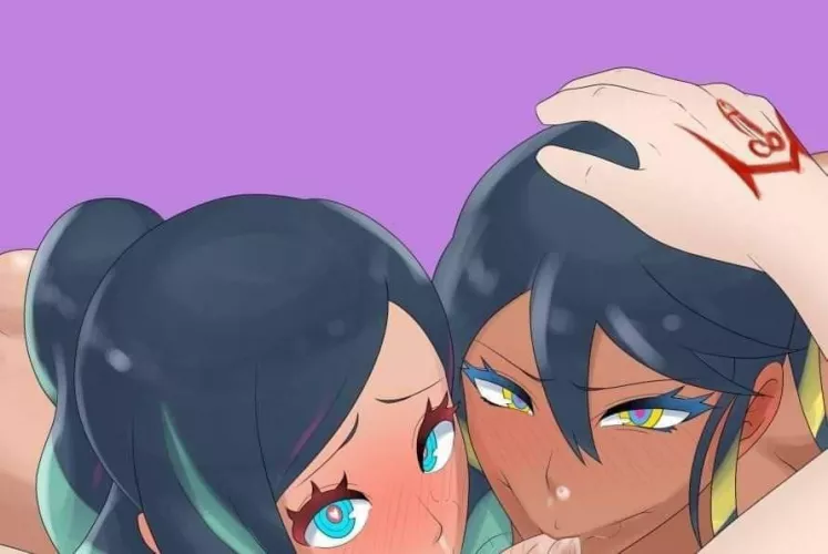 LF color source: 2girls, blue hair, blowjob, blue eyes, yellow eyes, blushing, padding hand, dick tatoo,... by New_Tooth9947