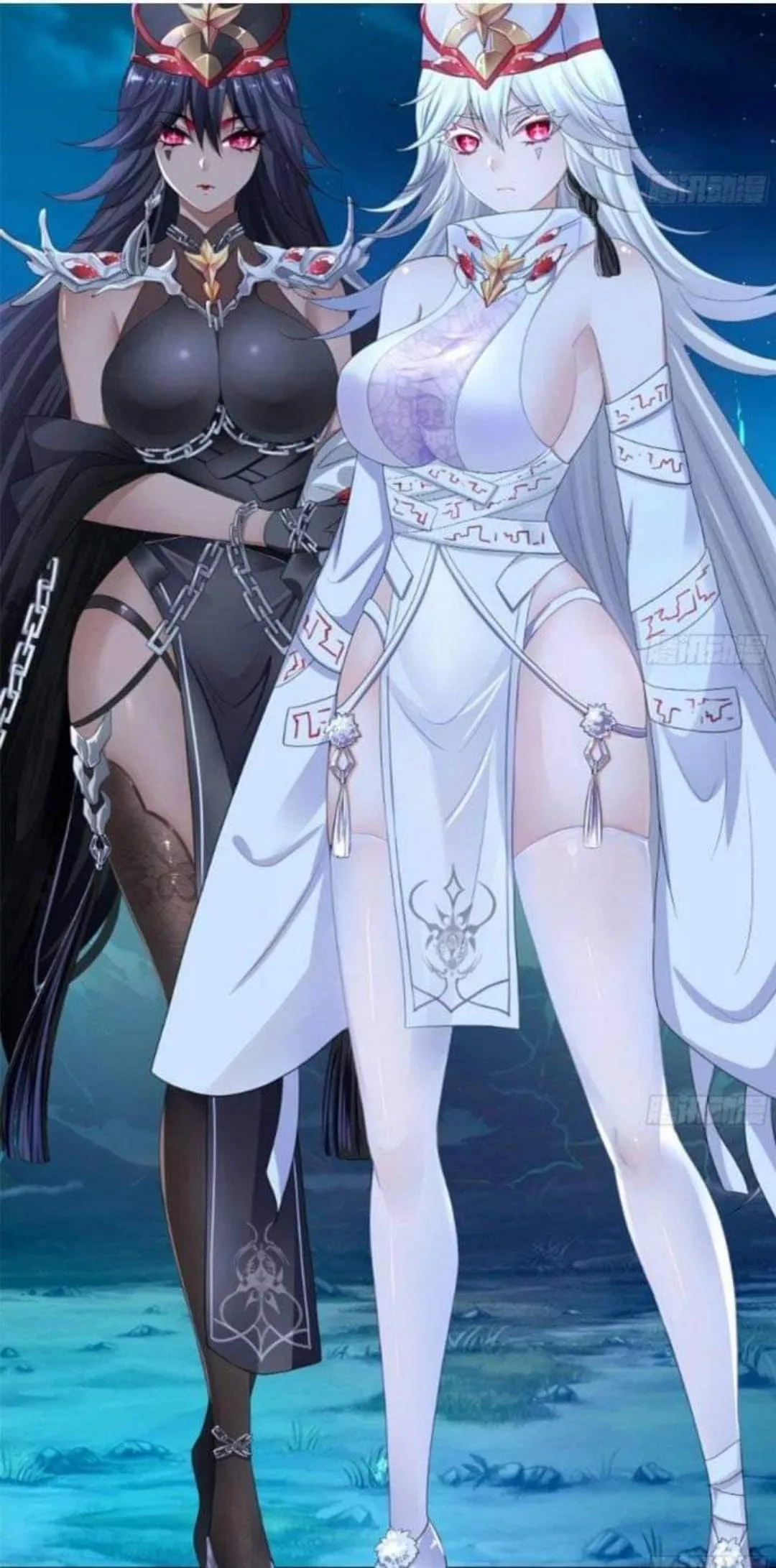 LF Color Source: 2girls, dark skin, white hair, black hair, breasts, red eyes, hat, chinese dress, long sleeves, chain, black thighhigh, white thighhigh, side boobs, outdoor posted by heroxmode