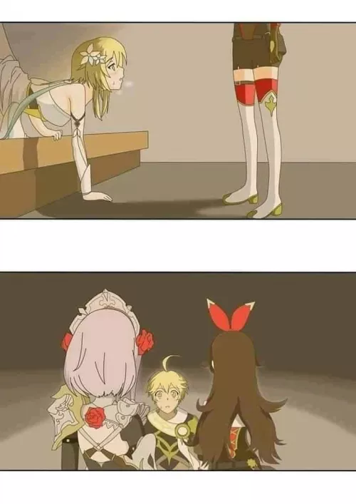 LF Color Source: 3girls, 1boy, genshin impact, yosuga no sora, from behind, yellow/white/black hair, short/long hair, hair flower, thighhighs, detached sleeves. sweat drop, blush, blush, hair ornament, by kei-kazuki