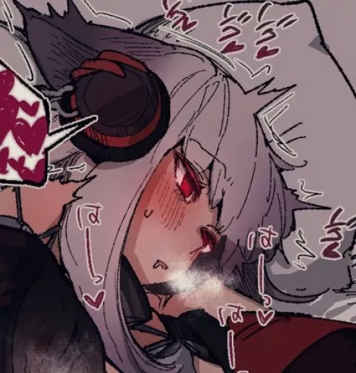 LF COLOR SOURCE: breath, open mouth, heart, blushing, red eyes, implied sex, ear muffs, head ornaments, 1girl, foreign text by nottakenname6