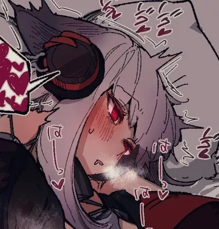 LF COLOR SOURCE: breath, open mouth, heart, blushing, red eyes, implied sex, ear muffs, head ornaments, 1girl, foreign text posted by nottakenname6