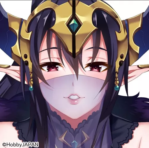 LF Color Source: Queen's Blade, elf ears, see through mask, gold head piece, red eyes, dark hair, purple/black clothing, ©️HobbyJAPAN by Pusc_On_The_Chainwax