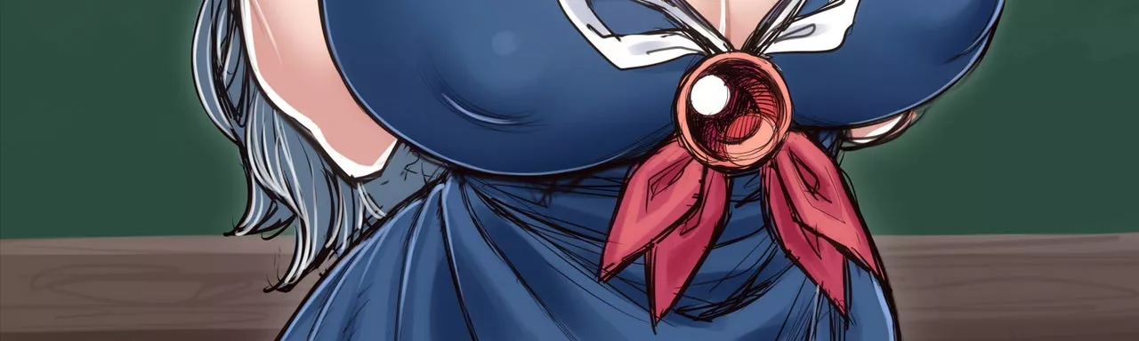 LF Color Source:huge_breasts long_hair blue_hair cleavage red_ribbon red_gem blue_dress erect_nipples_under_clothes 1girl posted by ulti-shadow