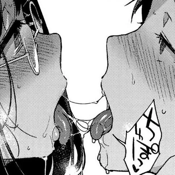 LF Mono Source: 1boy, 1girl, after kiss, blush, close up, face, foreign text, from side, glasses, looking at another, rolling eyes, saliva trail, speech bubble, tongue kiss, tongue out posted by HentaiSource_Archive
