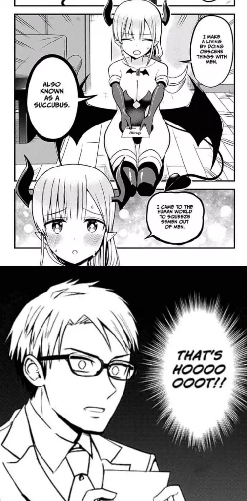 LF mono source: 1g, 1b, succubus, blushing, shy, horns, tail, wings, shocked, 