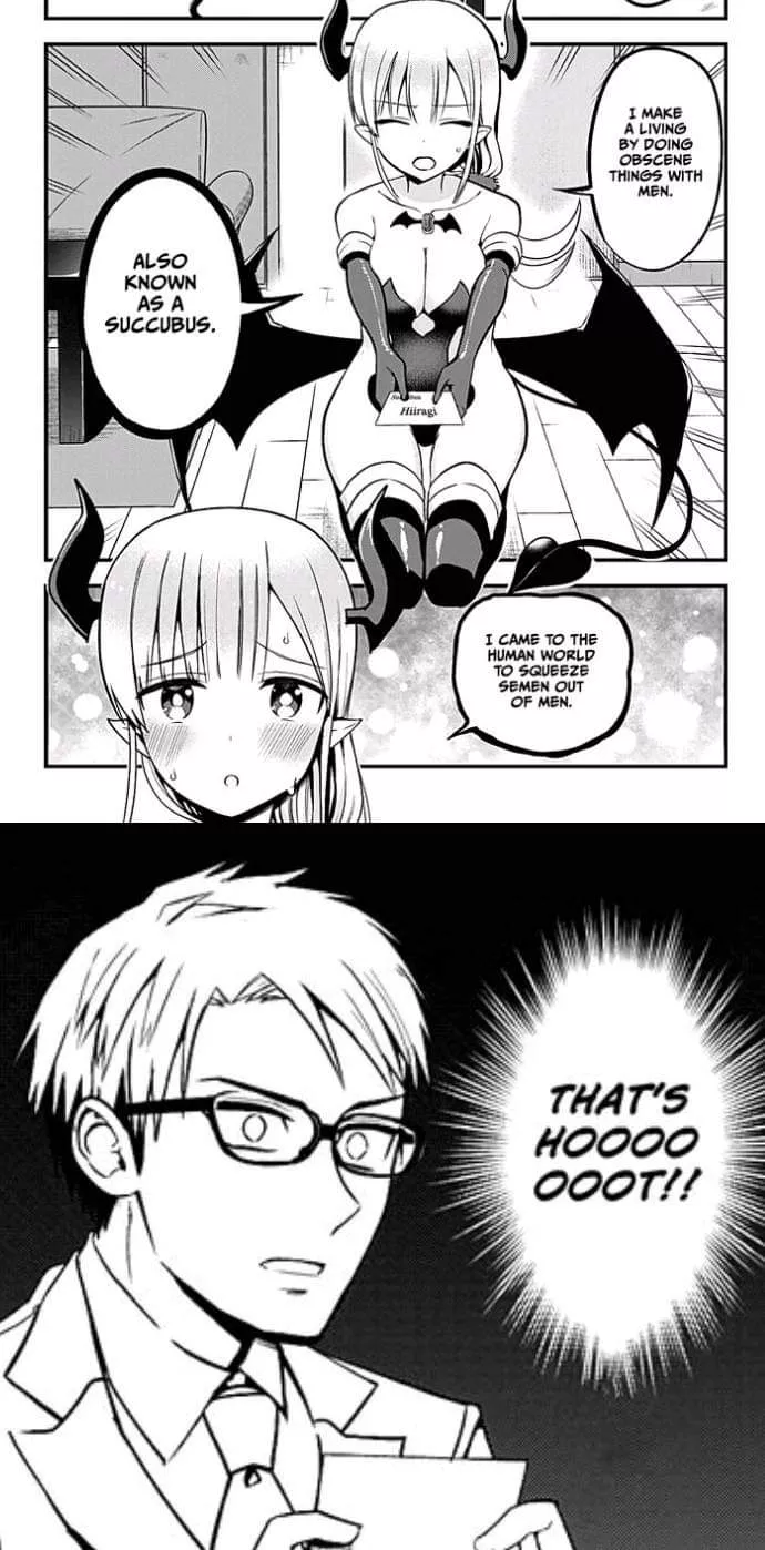 LF mono source: 1g, 1b, succubus, blushing, shy, horns, tail, wings, shocked, 