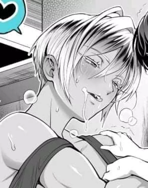 LF Mono Source: 1girl, 1boy, dark skin, white hair, black hair, heart in dialogue bubble, cum on mouth, panting by shadowstance