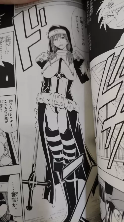 LF Mono Source: 1girl, 1boy, japanese, not english, non english, nun costume, striped socks, boots, cross, twin tails, hair tie, big belt, cigaret, under boob, skimpy clothing, garters, by NinoDonDino