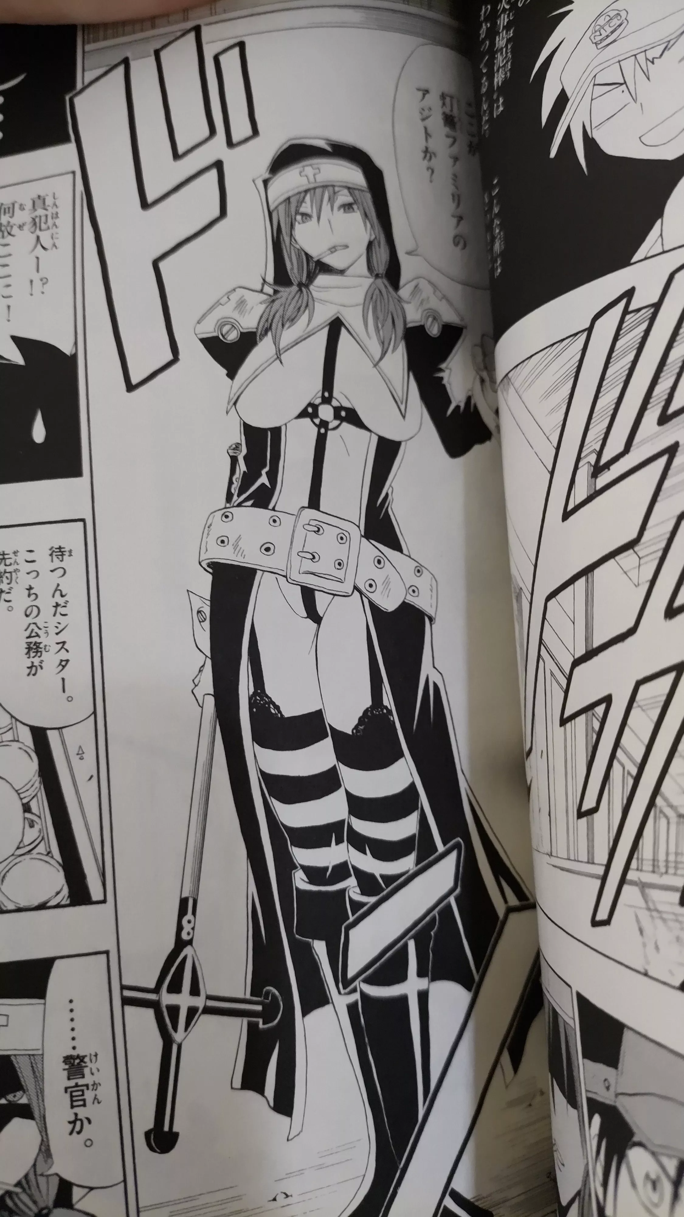 LF Mono Source: 1girl, 1boy, japanese, not english, non english, nun costume, striped socks, boots, cross, twin tails, hair tie, big belt, cigaret, under boob, skimpy clothing, garters, posted by NinoDonDino