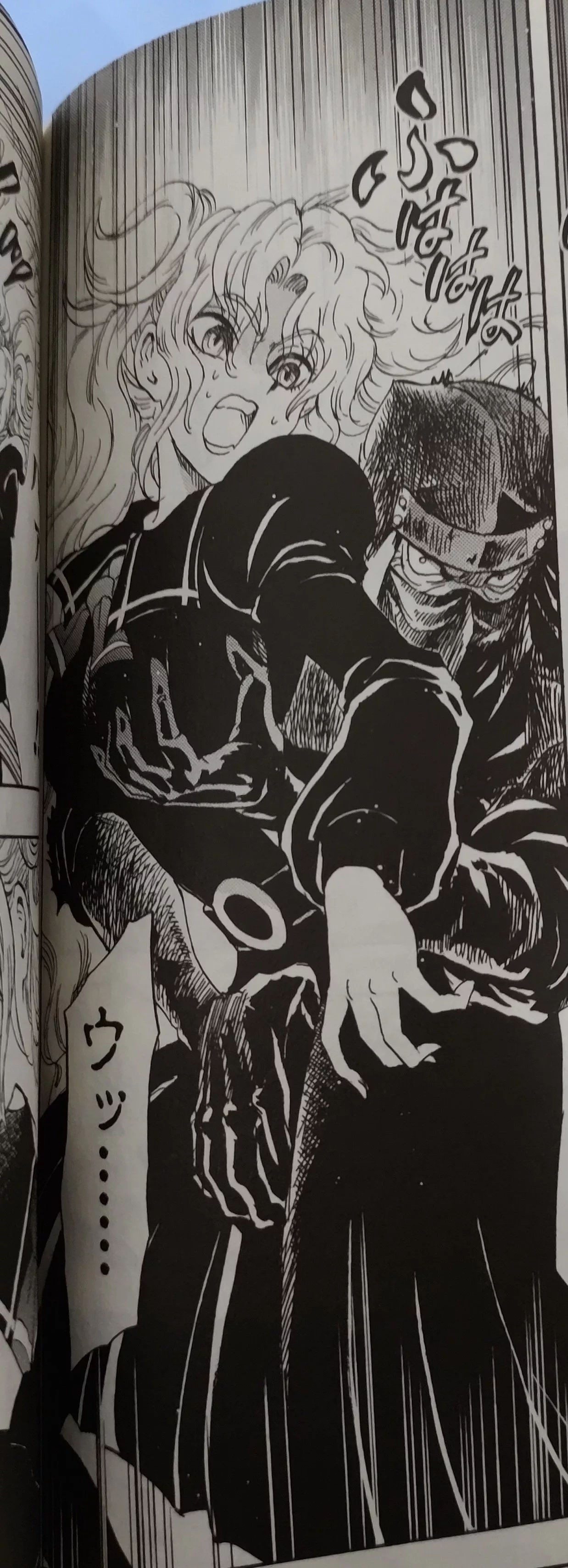 LF Mono Source: 1girl, 1boy, japanese, not english, non english, long hair, bright hair, sweat, open mouth, black dress, long dress, ninja, shinobi, touching, breast, groin, belt, mask, shock, posted by NinoDonDino