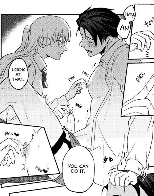 LF Mono Source: 1girl, 1boy, “Look at that” “Hey, Ah!”, “You can do it”, nipple stimulation, erection, moan, open mouth, unbottoned shirt, blush, sheet grab, specs, white shirt by psychological_icee