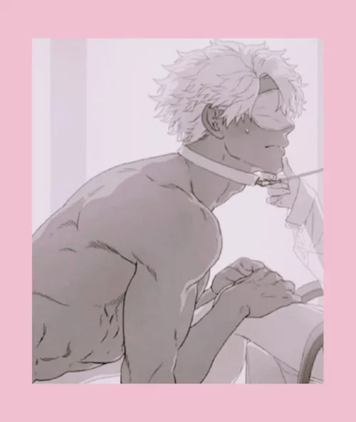 LF Mono Source: 1girl, 1boy, pink filter, pink borders, white hair, short hair, dark skin, black man, sweating, abs, choker, leash pull, sleep mask, grabbing another's chin, long sleeves, chair, muscular, topless male, mature male, biceps, triceps, arm  by kei-kazuki
