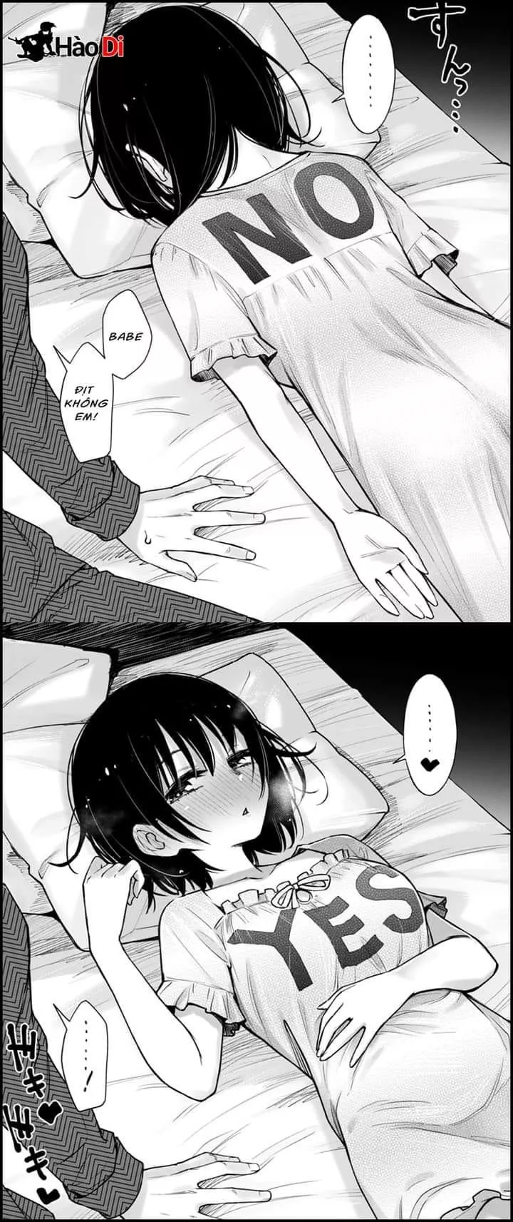 Lf mono source: 1girl, 1boy, short hair, blushing, procumbent, lay up, bed, “babe dit khong em!”, “yes”, “no” posted by New_Tooth9947