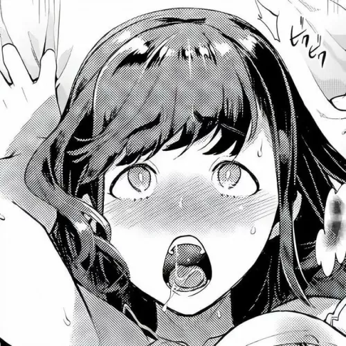 LF Mono Source: 1girl, ahegao, arms up, black hair, blush, breath, close up, crop, face, face focus, long hair, lower teeth, off shoulder strap, open mouth, saliva trail, sfx, sheet grab, shirt lift, strap slip, sweat, swept bangs, tongue, upper teeth by HentaiSource_Archive