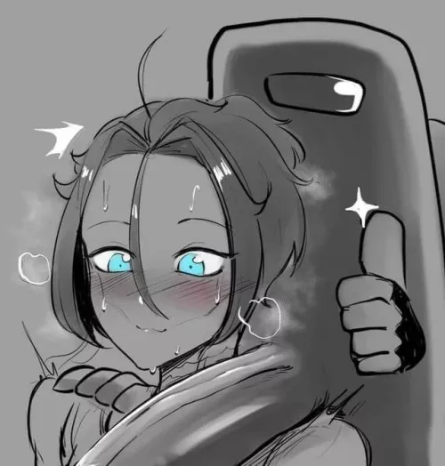 LF Mono Source: 1girl, among us, big dick/penis/cock, blush, short hair, sweating, gray shade/filter, blue eyes, hair between eyes, steam, thumbs up, hand on another's shoulder by kei-kazuki