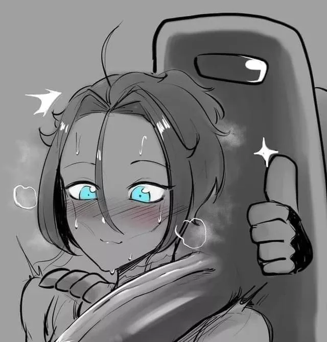 LF Mono Source: 1girl, among us, big dick/penis/cock, blush, short hair, sweating, gray shade/filter, blue eyes, hair between eyes, steam, thumbs up, hand on another's shoulder posted by kei-kazuki