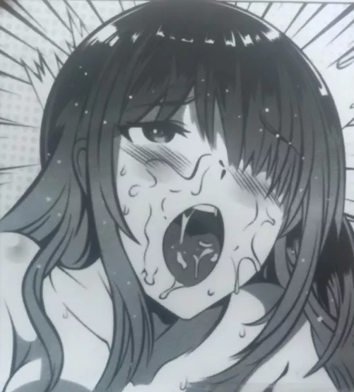 LF Mono Source: 1girl, face focused, black hair, long hair, hair between eyes, blushing, sweating, eyes open, mouth open, saliva, drooling, hair over one eye by kei-kazuki