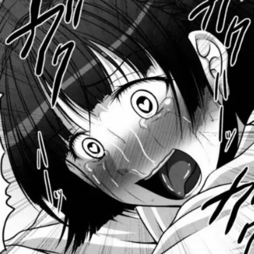 LF Mono Source: 1girl, heart shaped pupil, short hair, black hair, eyes open, mouth open, tongue out, blushing, sweating, crying, Makoto Niijima, Persona 5, face focused, japanese text, SFX by kei-kazuki