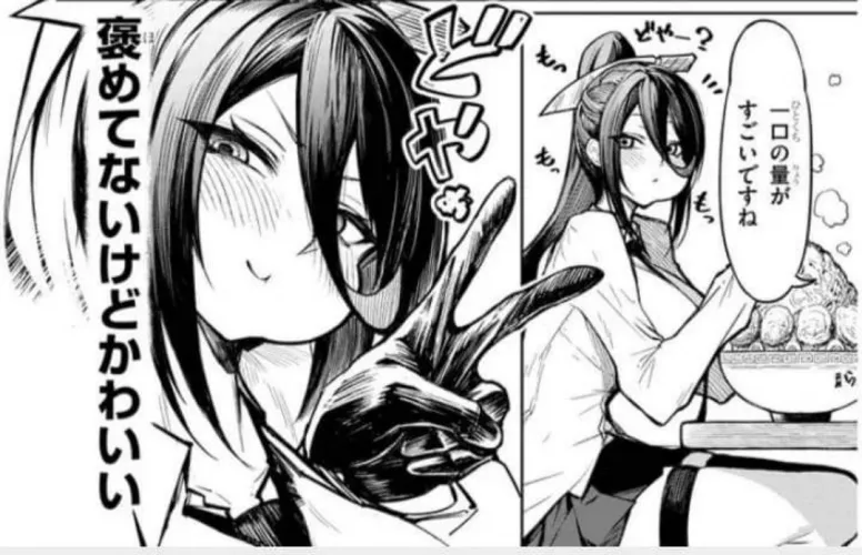 LF Mono Source: 1girl, high ponytail, white schoolgirl uniform, black hair, eating, peace sign, black leather gloves, japanese text, short skirt, pout face, blush, necktie, sitting by Coriolanuscarpe