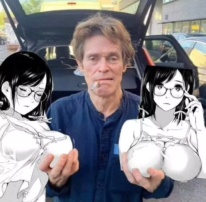 LF Mono Source; 1girl, large breasts, glasses, black hair, twintails, lingerie, blushed, breast grab, meme, Willem Dafoe posted by Kevinrealk
