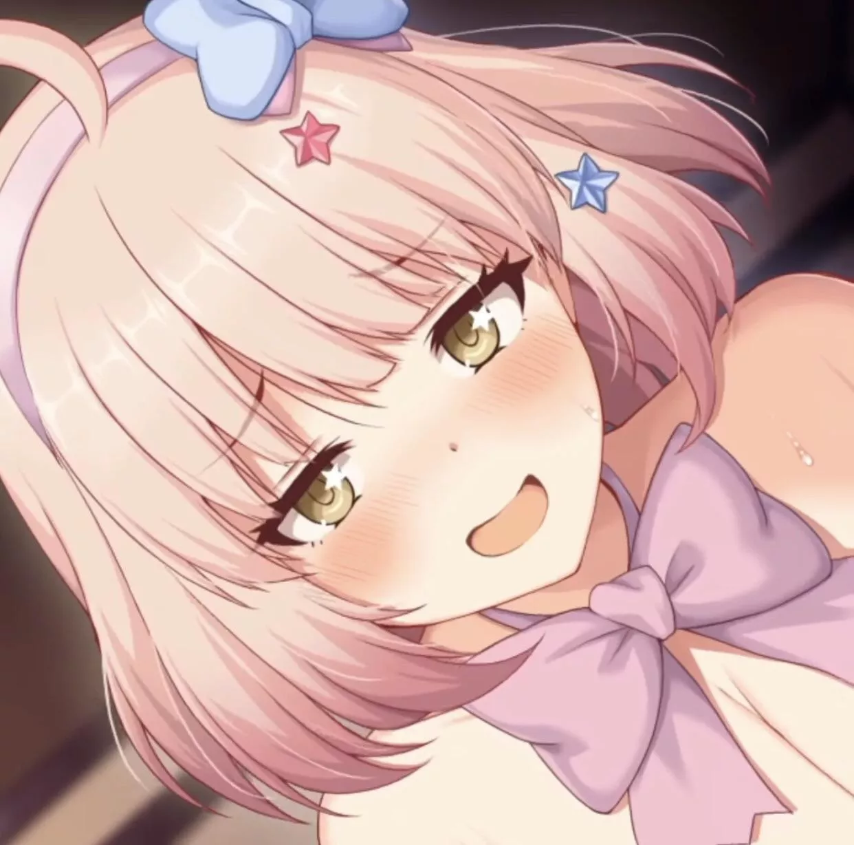 LF Mono Source: 1Girl, pink hair, short hair, blushing, yellowish brown eyes, cowgirl position posted by ZoBoomDa