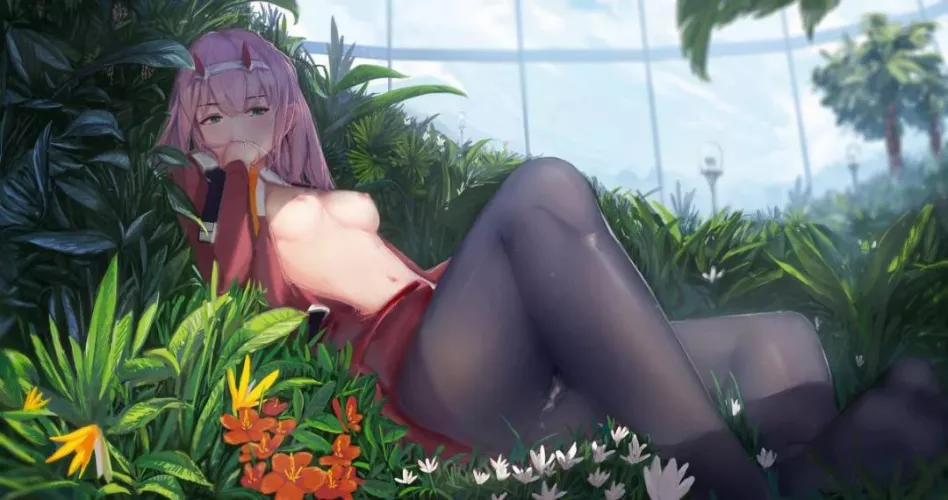 LF Mono Source: 1girl, plants, flowers, horns, pink hair, leggings, open chest, forest by AmeerSauce