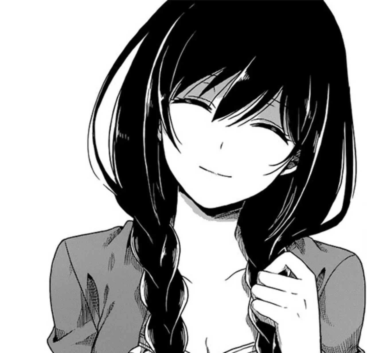 LF Mono Source: 1girl, smile, closed eyes, black hair, cleavage, hair between eyes posted by heroxmode