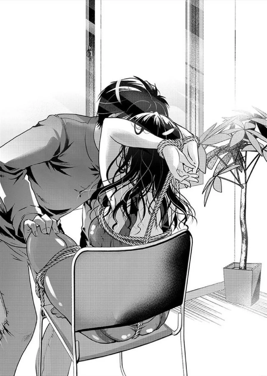 Lf mono source: 1girl,1boy,bondage,chair,long black hair,plant,fully clothed,sunlight,hands on her right thigh posted by DifferentAd9017