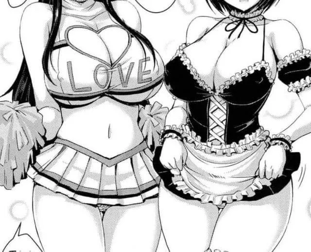 LF mono source: 2girls, short hair, long hair, big boobs, maid, cheering girl, 