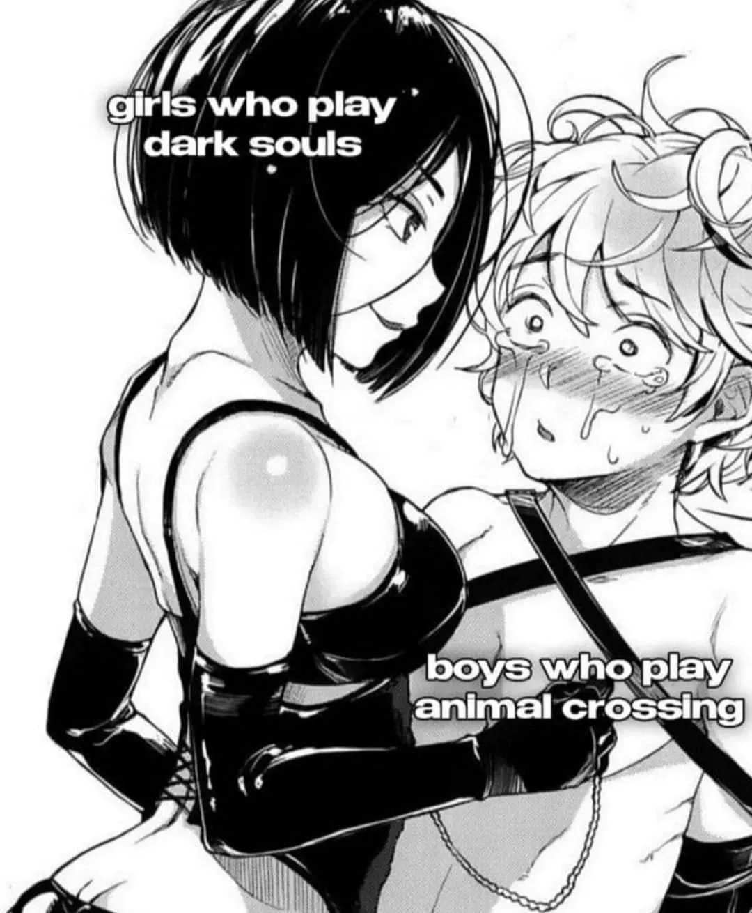 LF Mono Source: Femdom, short hair, 1boy, 1girl, bondage, straps, crying, blushing, leash, dark hair, light hair, dark eyes posted by fistachos