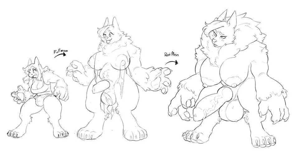 LF Mono Source: Full moon Red moon, right arrow, wolf, furry, lineart, futanari, big areolae, large breasts, large testicles, claws, paws, 3 stage transformation, neck tuft, open mouth, clothes tearing, growth, kemonomimi, wolf ears, nipples, penis, one  posted by kami_sama_-
