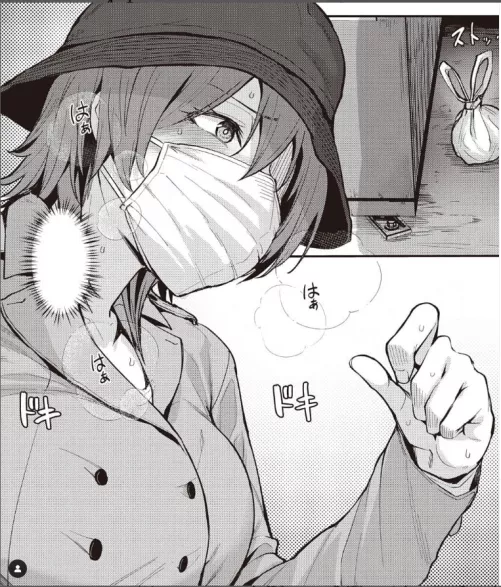 LF mono source, hat, trenchcoat, facial mask, blush, sweat, panting, plastic bag by Teally132