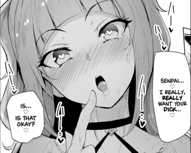 LF Mono Source: Heart-shaped eyes pupils, saliva, sweat, medium hair, english text, SENPAI... I REALLY REALLY WANT YOUR DICK IS THAT OKAY? by Kermyas