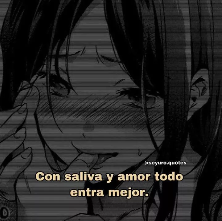 LF Mono Source: Meme, Foreign Text, Spanish Text, “Con saliva y amor todo entra mejor.” , Black hair, Blushing, Long hair, Hair on face, Biting, Biting finger, Sweat, posted by DudeWithSmallGun