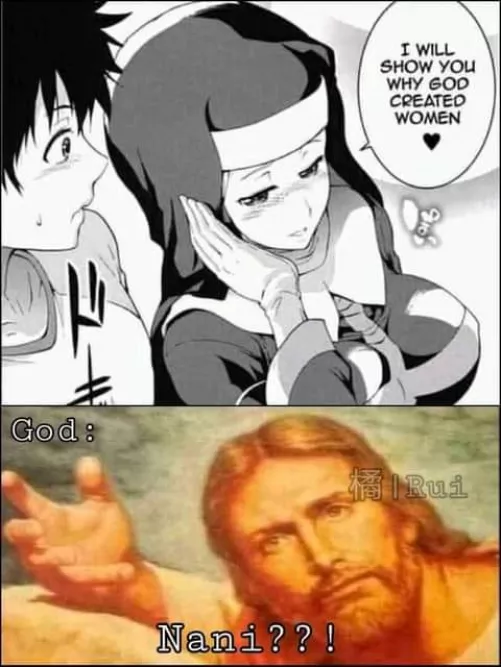 LF Mono Source : nun, 1boy, sfx, blushing , ''I will show you why god created women'' , god meme by A_guy-without-a-face