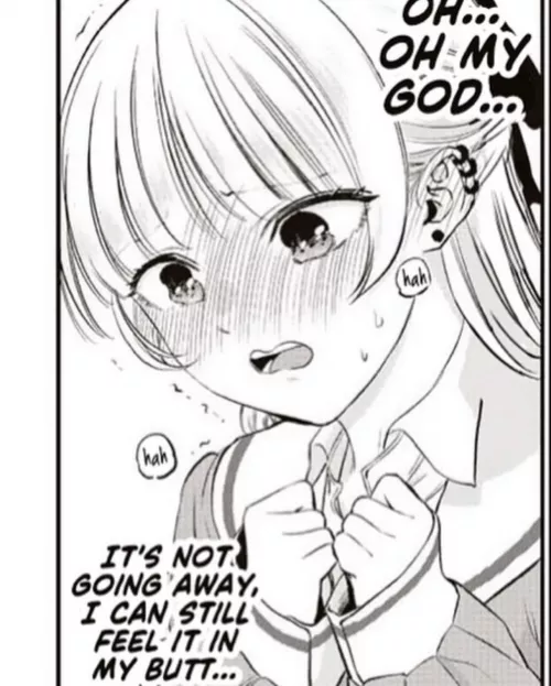 LF Mono Source: “OH… OH MY GOD…” “IT’S NOT GOING AWAY, I CAN STILL FEEL IT IN MY BUTT…” “hah” “hah” 1girl, blushing, light hair color, open mouth, hands together, school uniform, ear piercing, shaking by Tsukuyomi707