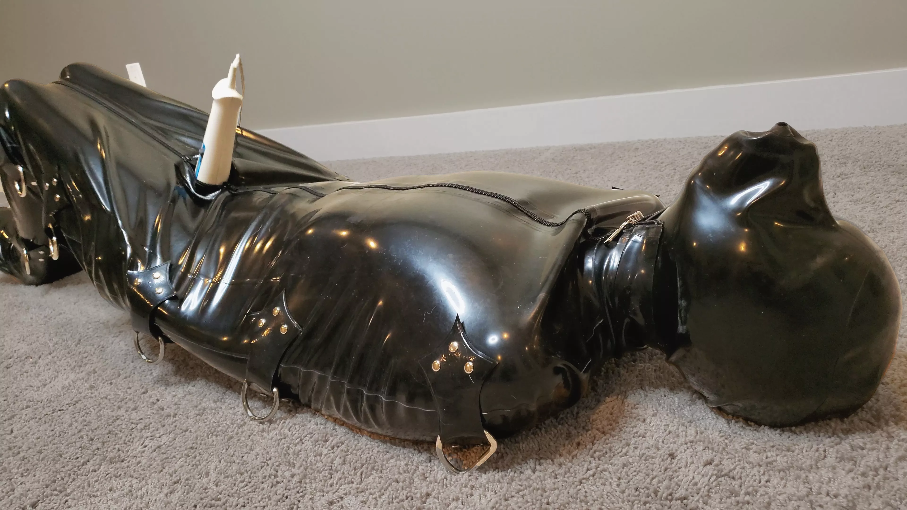 Locked inside a full body sleep sack and rebreather mask being forced to cum posted by PortraitOfPerversion