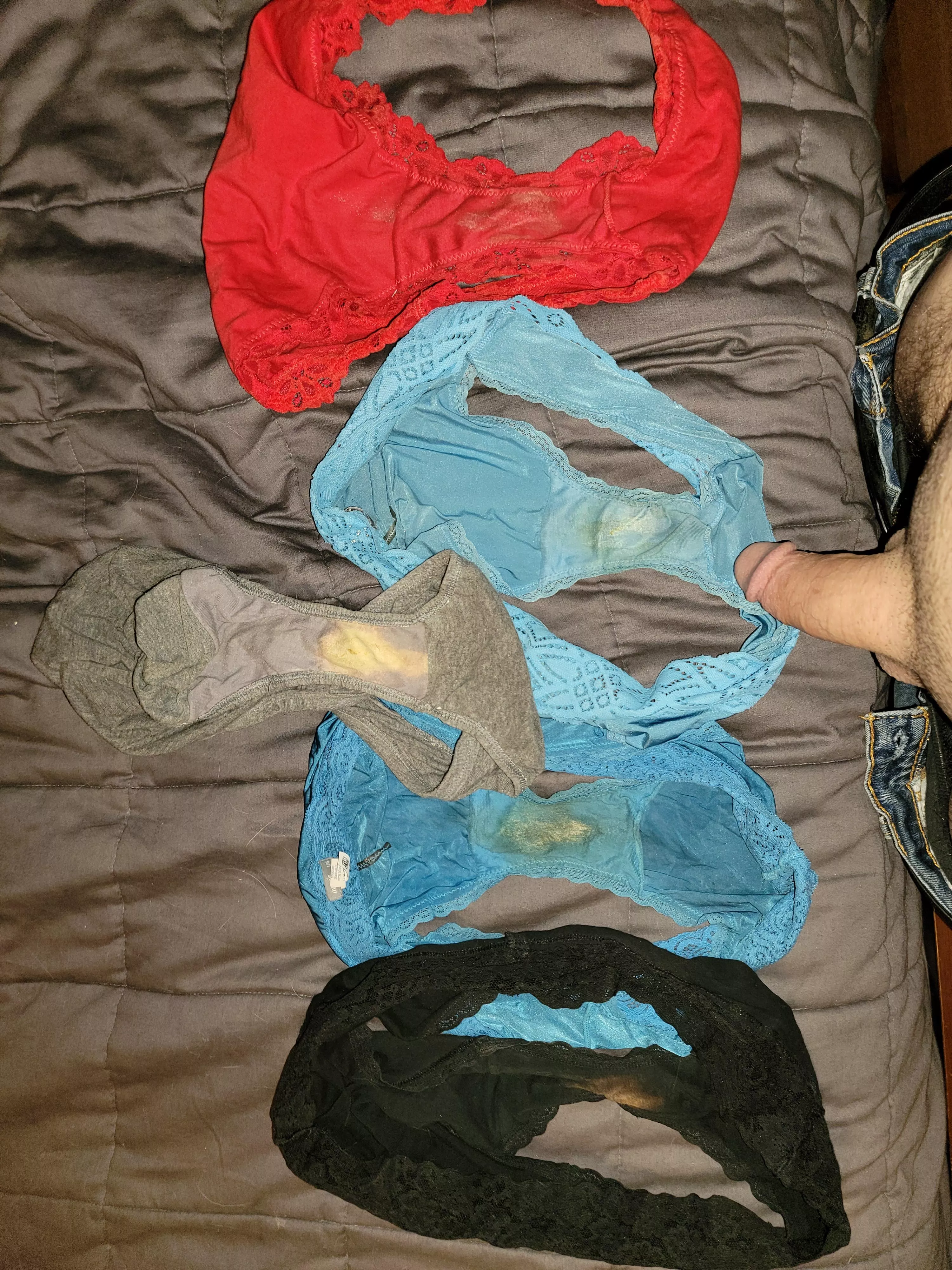 Lots of my wife's dirty panties to be defiled posted by smalldickhubby2020