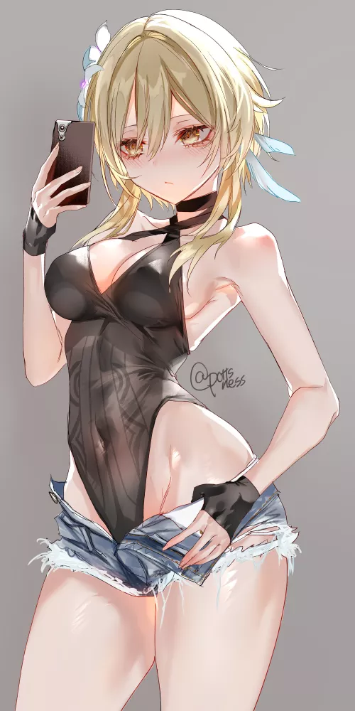 Lumine Black Leotard Selfie In Short Shorts (Pottsness) [Genshin Impact] by sequence_string