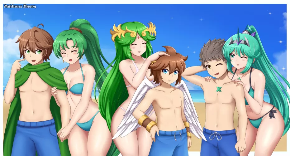 Lyndis, Palutena, and Pneuma taking Mark, Pit and Rex on a beach date by Terran117