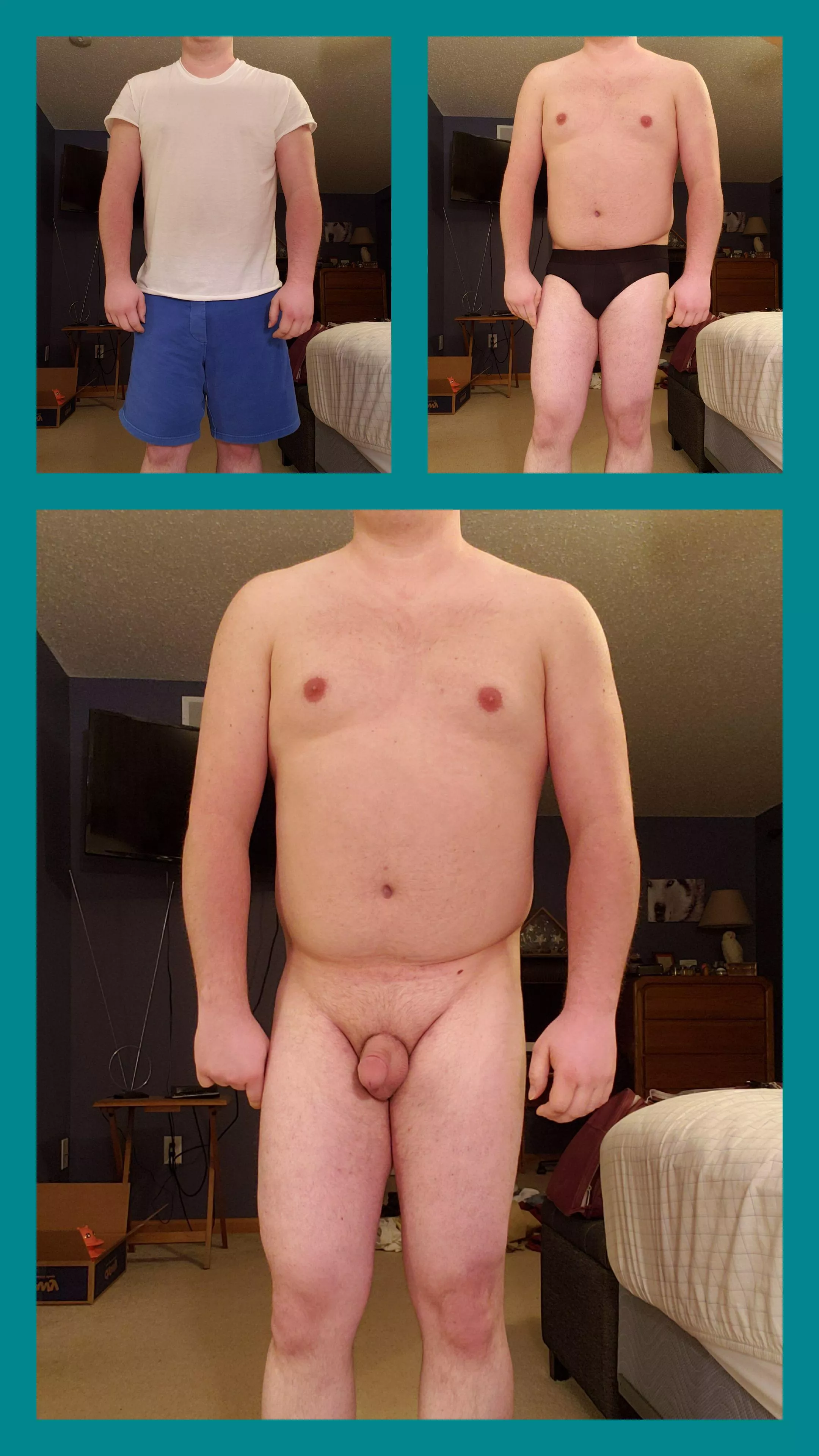 [M] 29, 200 lbs, 5 ft 9 in. Here's a collage I made of a full body shot from clothed to semi-naked to full on butt naked. Just take it off when you feel like it! posted by MarloWood116