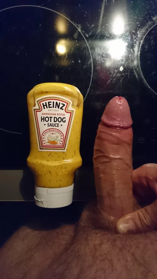 [M] 33, French uncut lubed cock against a 0.88 lbs Heinz hot-dog sauce tube. What is the most appealing ? by Snake_59_the_French