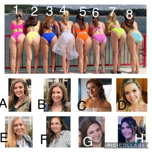 Matching Game! Try and match the bent over girl (1-8) to the correct face pic (A-H). Comment below! P m open by Unlikely-Speed1349