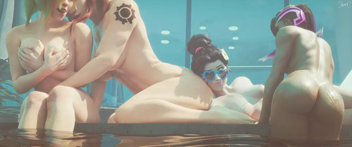 Mercy, Brigitte, D.Va, and Sombra in the pool (SixPlusOne) by INSUBORDINATION-BRUH