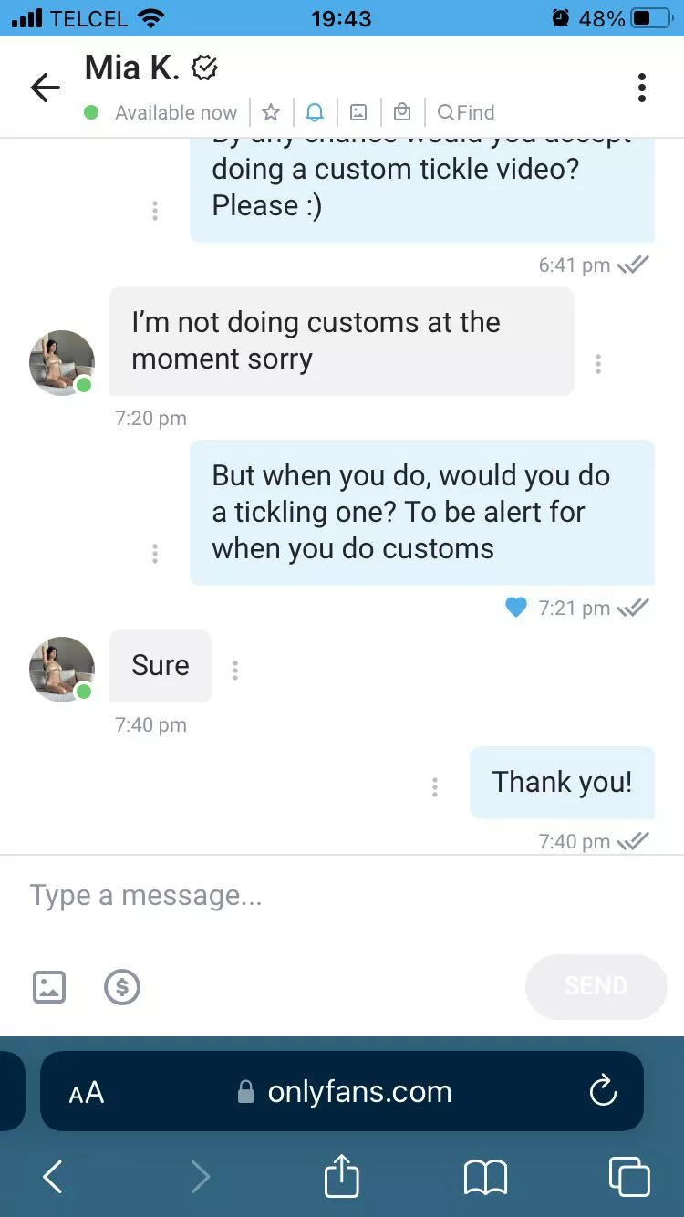 Mia Khalifa agreed doing a custom tickle video when she’s doing customs cause she’s not doing them at the moment, we just need to check when she’s doing them posted by Ticklekink