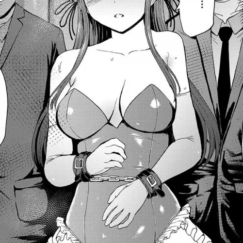 Mono: 1girl, 2boys, long hair, dark hair, head out of frame, playboy bunny girl, bunnysuit, handcuffs/hand cuffs, bondage/bdsm, frills, elbow gloves, bare shoulders, formal clothes, suit/tuxedo, necktie, collarbone, open mouth, hair ribbon, blush, sweat, by Clean-Preparation