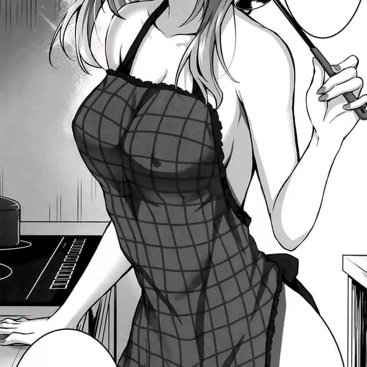 Mono: 1girl, solo, head out of frame, naked apron, plaid/checkered apron, covered nipples, erect nipples under clothes/clothing, bare shoulders, collarbone, holding ladle/object, speech bubble, short/medium hair, dark hair, kitchen, electric/induction st posted by Clean-Preparation