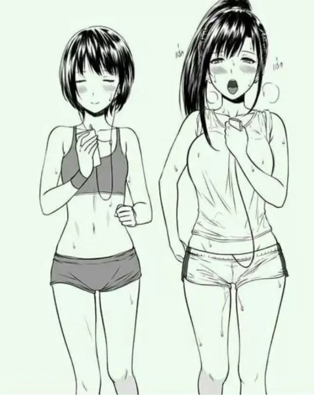 Mono 2girls, bare shoulders, breath, buruma, cameltoe, closed eyes, clothed, earphones, flat chest, large bouncing breasts, open mouth, ponytail, pussy juice, running/jogging, short/long black hair, shorts, smartphone/phone, sports bra, sportswear, sweat posted by HentaiSource_Archive