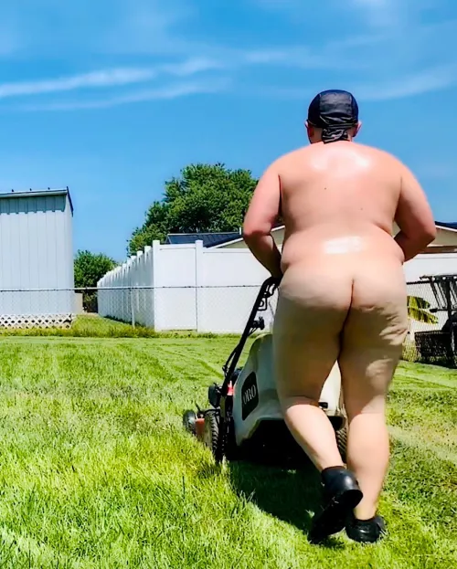 Mowing nude all sweaty 🥵 by Due_Mall_4365