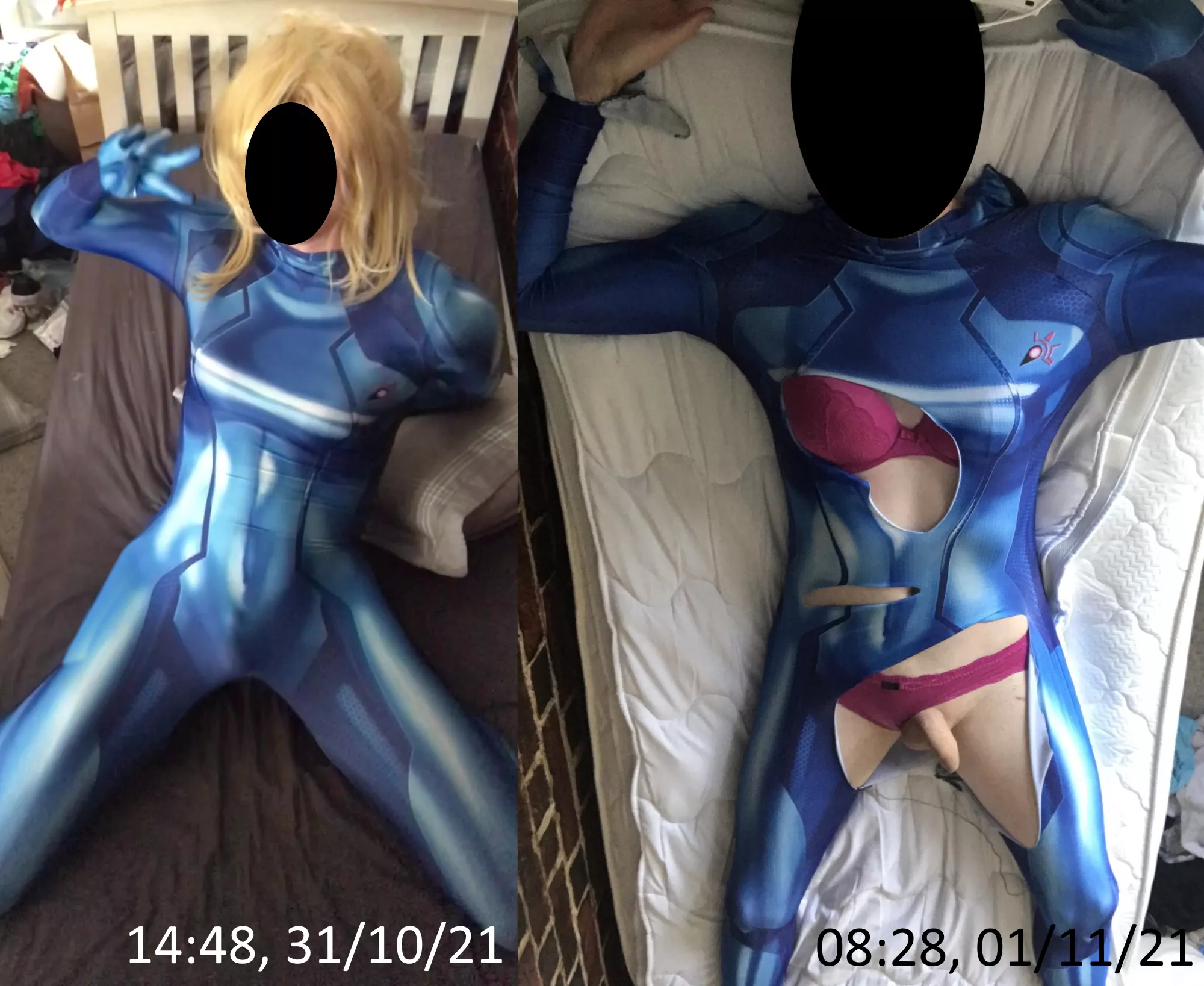 My Samus cosplay, before and after posted by SubmissiveTrapSamus